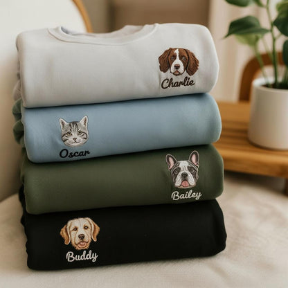 Custom Pet Portrait Sweatshirt, Embroidered Dog Face From Photo, Varsity Crewneck, Personalized Cat Mom Gift, Pet Memorial Shirt