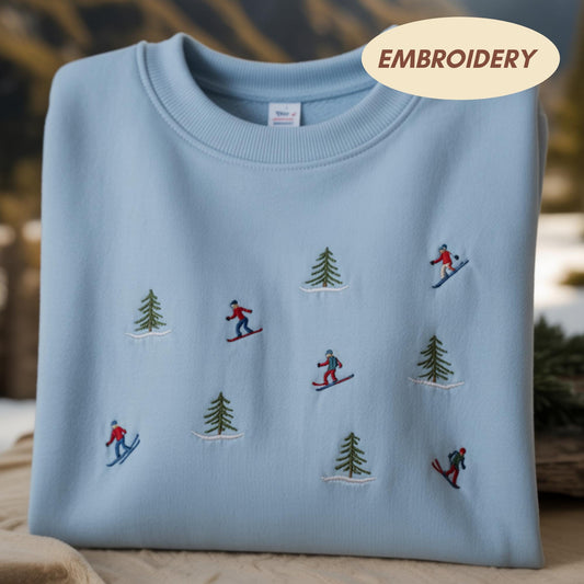 Embroidered Skiing Pattern Sweatshirt, Skier Pine Tree Crewneck, Winter Sports Gift, Apres Ski Shirt, Mountain Life Tee, Snow Holiday