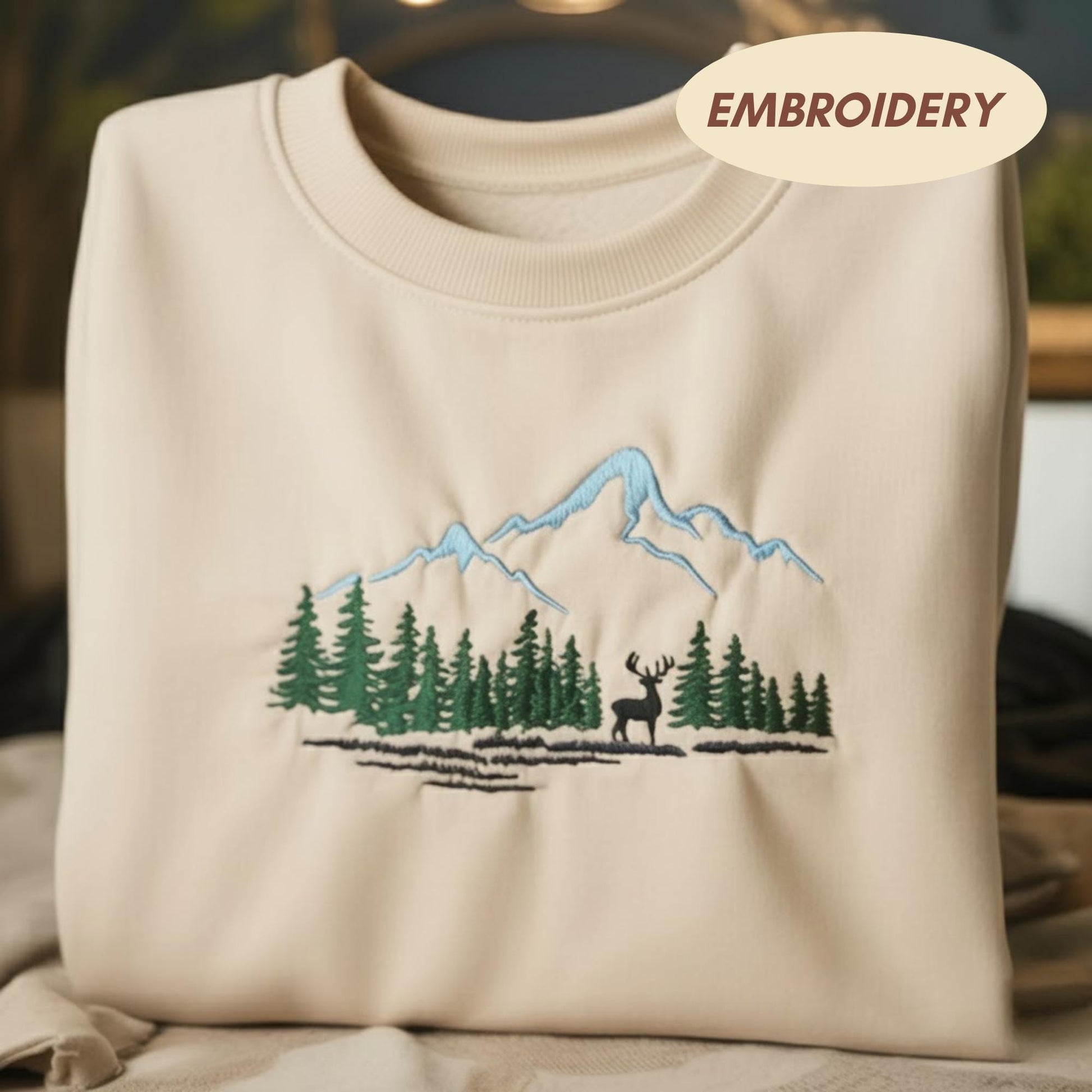 Embroidered Mountain Forest Sweatshirt, Deer Nature Crewneck, Hiking Camping Shirt, Outdoor Adventure Gift, Stag Wilderness Tee