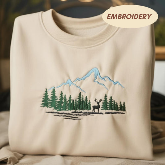 Embroidered Mountain Forest Sweatshirt, Deer Nature Crewneck, Hiking Camping Shirt, Outdoor Adventure Gift, Stag Wilderness Tee
