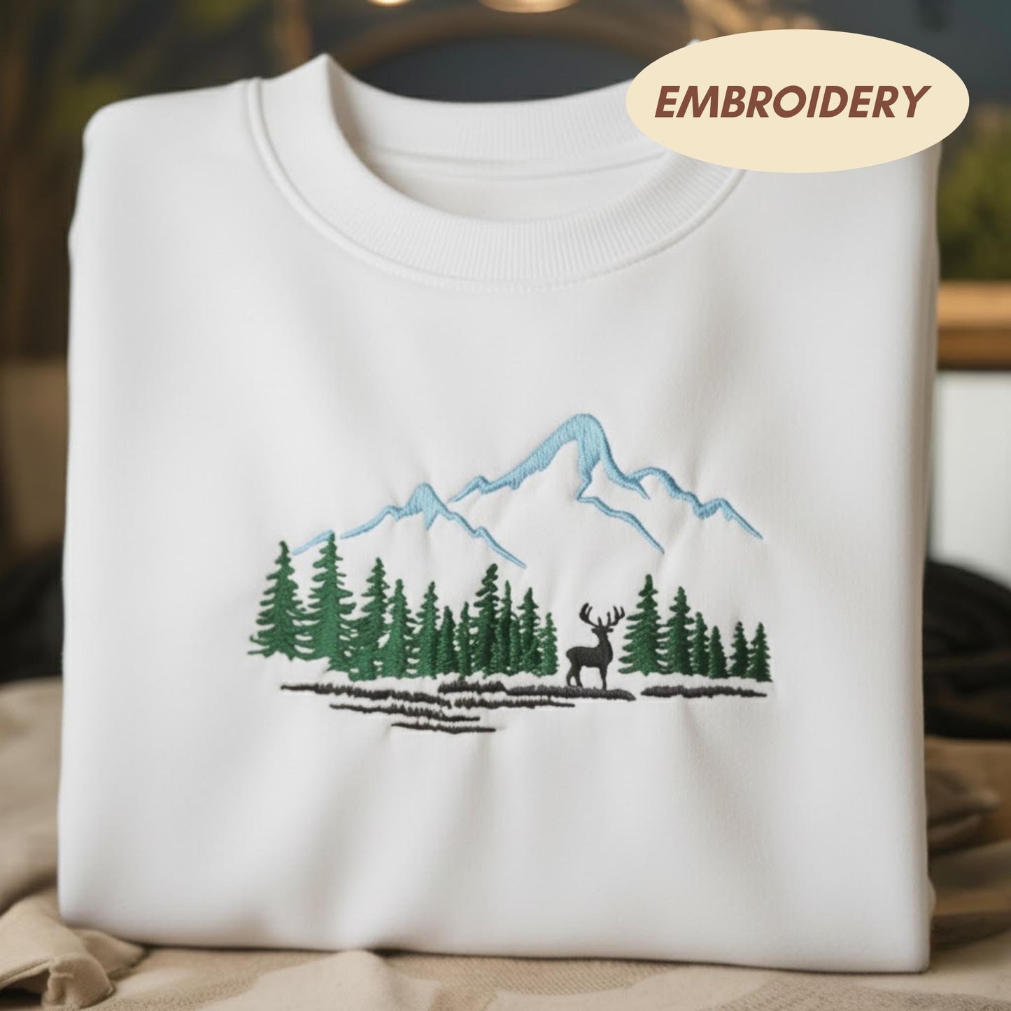 Embroidered Mountain Forest Sweatshirt, Deer Nature Crewneck, Hiking Camping Shirt, Outdoor Adventure Gift, Stag Wilderness Tee