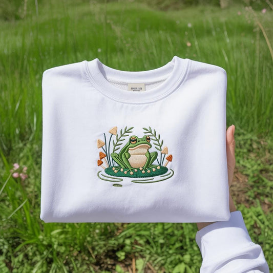 Embroidered Frog Sweatshirt, Cottagecore Mushroom Crewneck