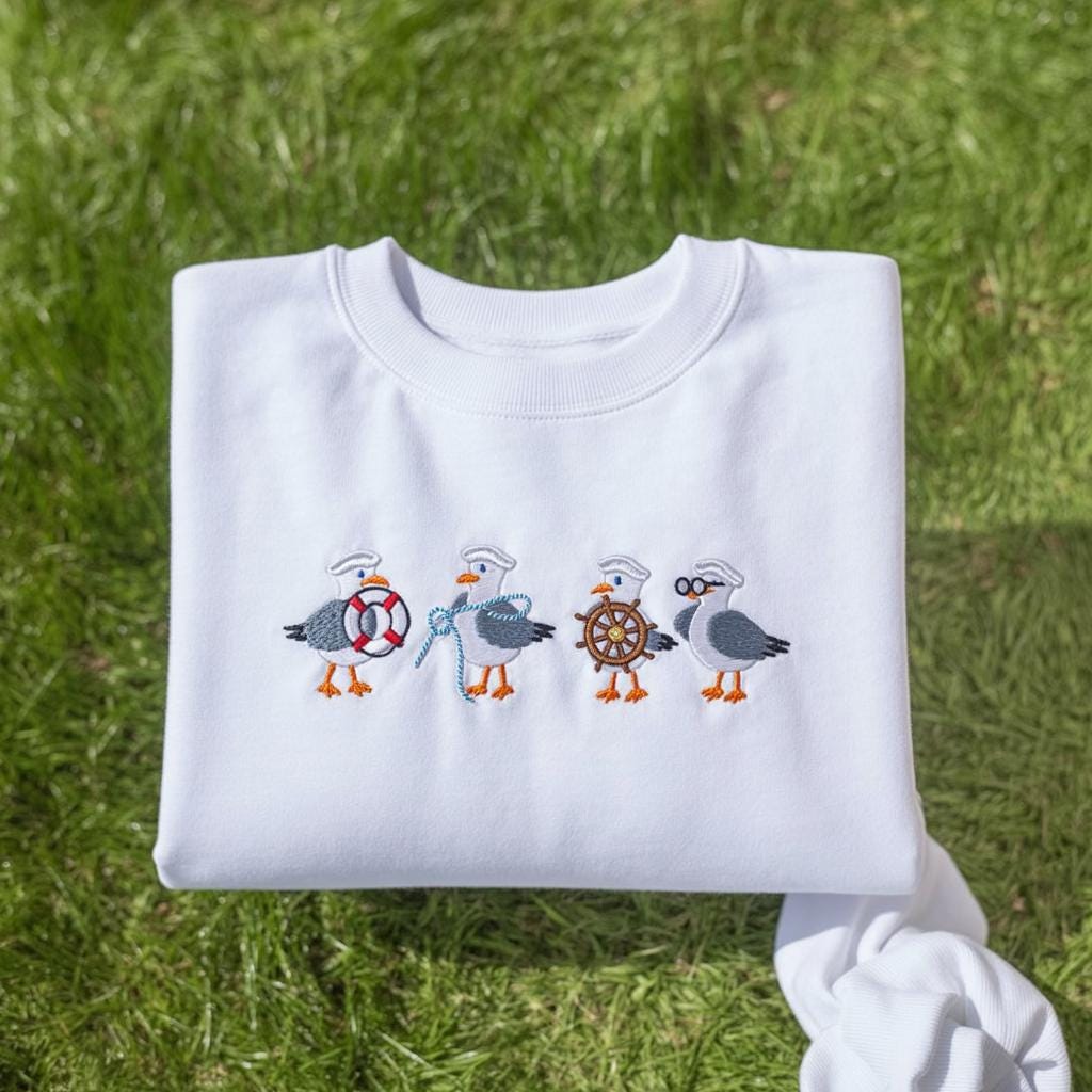 Embroidered Seagull Sweatshirt, Coastal Bird Crewneck