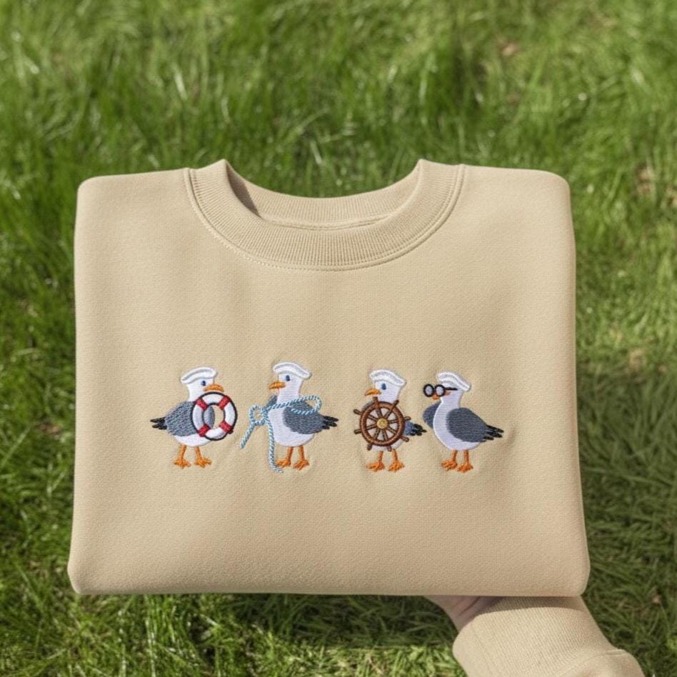 Embroidered Seagull Sweatshirt, Coastal Bird Crewneck