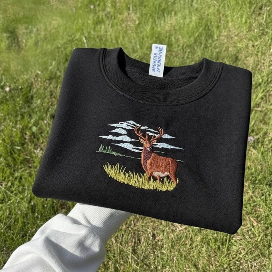 Forest Buck and Jumping Bass Embroidered Sweatshirt | Deer & Fish Wildlife Crewneck | Vintage Outdoorsman Sweater