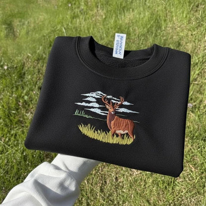 Forest Buck and Jumping Bass Embroidered Sweatshirt | Deer & Fish Wildlife Crewneck | Vintage Outdoorsman Sweater