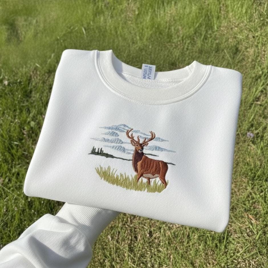 Forest Buck and Jumping Bass Embroidered Sweatshirt | Deer & Fish Wildlife Crewneck | Vintage Outdoorsman Sweater