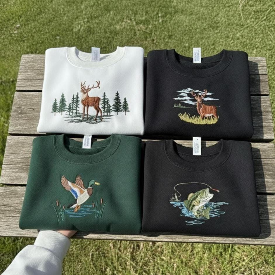 Forest Buck and Jumping Bass Embroidered Sweatshirt | Deer & Fish Wildlife Crewneck | Vintage Outdoorsman Sweater
