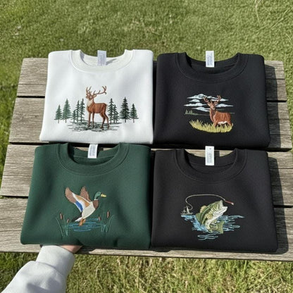Forest Buck and Jumping Bass Embroidered Sweatshirt | Deer & Fish Wildlife Crewneck | Vintage Outdoorsman Sweater