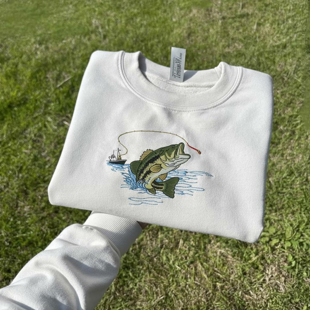 Jumping Bass Embroidered Sweatshirt | Fishing Crewneck with Rod & Boat | Vintage Angler Outdoorsman Sweater