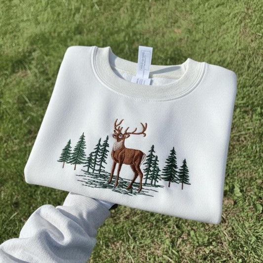 Forest Buck Embroidered Sweatshirt | Vintage Deer Crewneck | Woodland Wildlife Rustic Sweater