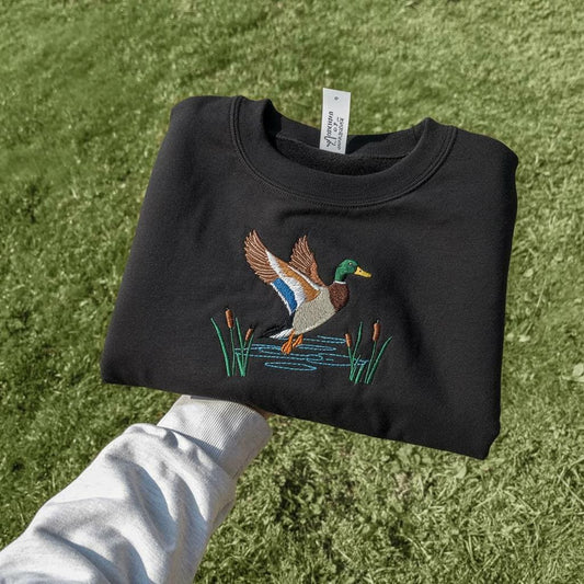 Flying Mallard Embroidered Sweatshirt | Vintage Duck Crewneck | Rustic Wildlife Waterfowl Sweater Gift
