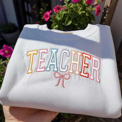 Embroidered Coquette Teacher Sweatshirt, Teacher Embroidered Sweatshirt, Student Teacher Sweatshirt, Customized Embroidered Sweatshirt