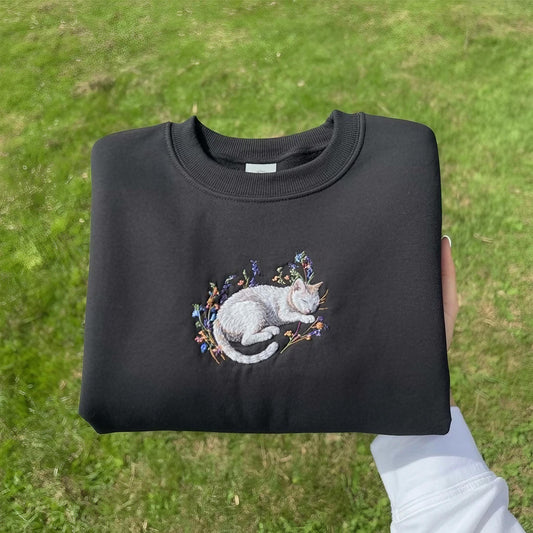 Embroidered Cat Shirt, Cottagecore Wildflower, Gift for Cat Lover