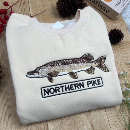 Northern Pike Embroidered Sweatshirt, Fishing Crewneck, Lake Fish Embroidery Gift for Fishermen