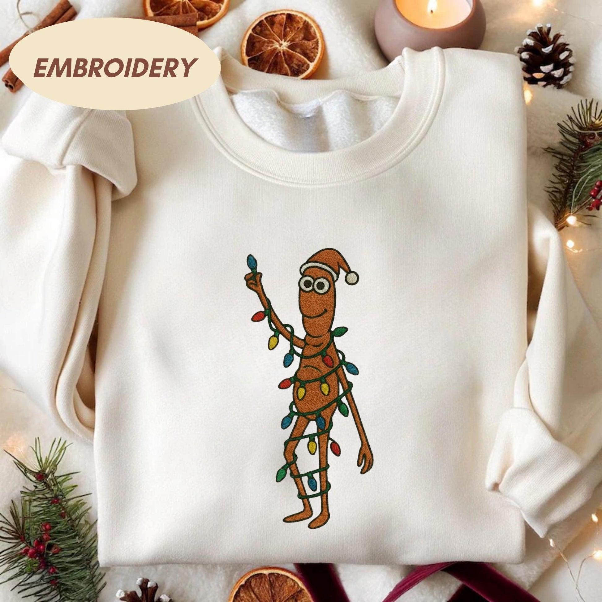 Marcus The Worm Embroidered Sweatshirt, Funny Christmas Lights Shirt, Weirdcore Holiday Gift, Santa Worm Green Crewneck, Marcus The Worm