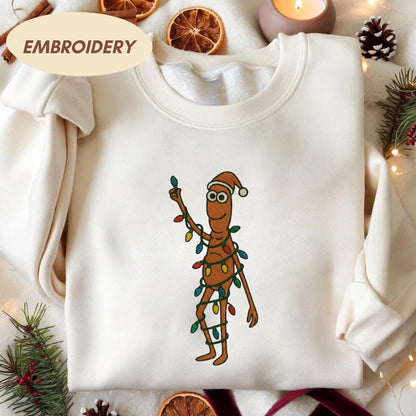 Marcus The Worm Embroidered Sweatshirt, Funny Christmas Lights Shirt, Weirdcore Holiday Gift, Santa Worm Green Crewneck, Marcus The Worm