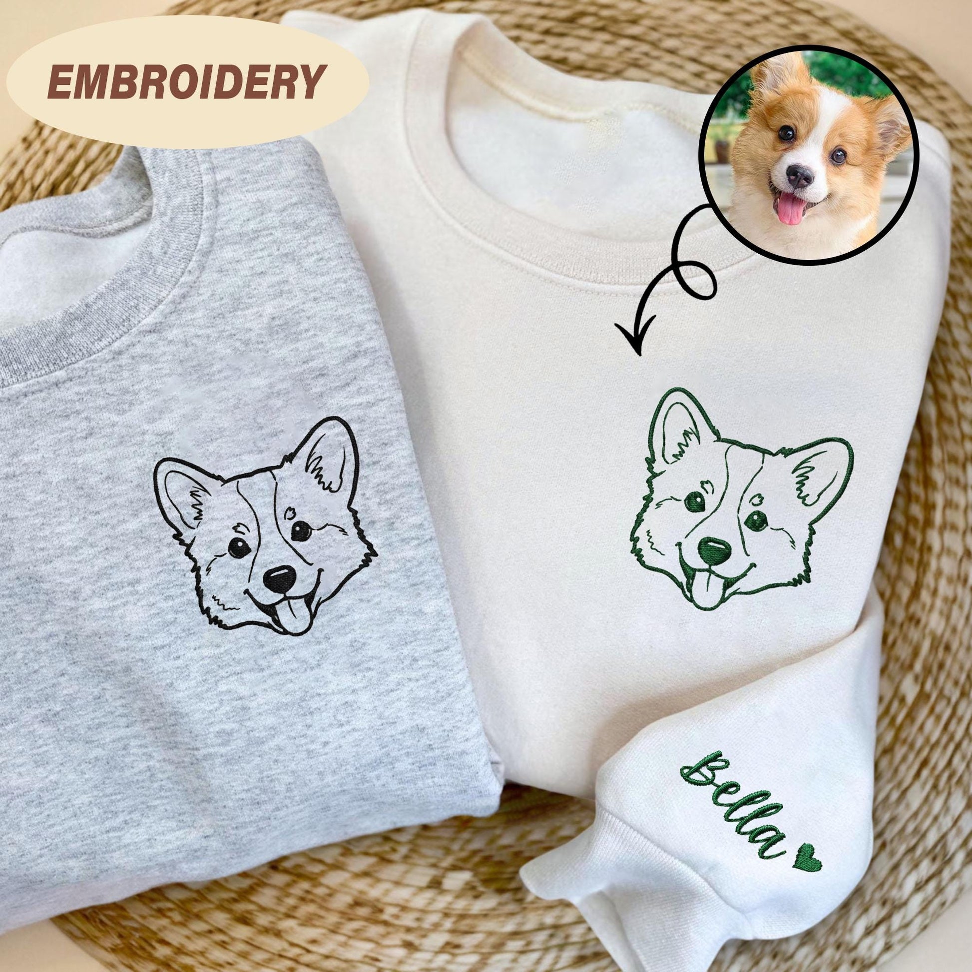 Custom Pet Portrait Embroidered Sweatshirt, Personalized Dog or Cat Sweater with Name, Pet Lover Gift, Memorial Embroidery Pullover