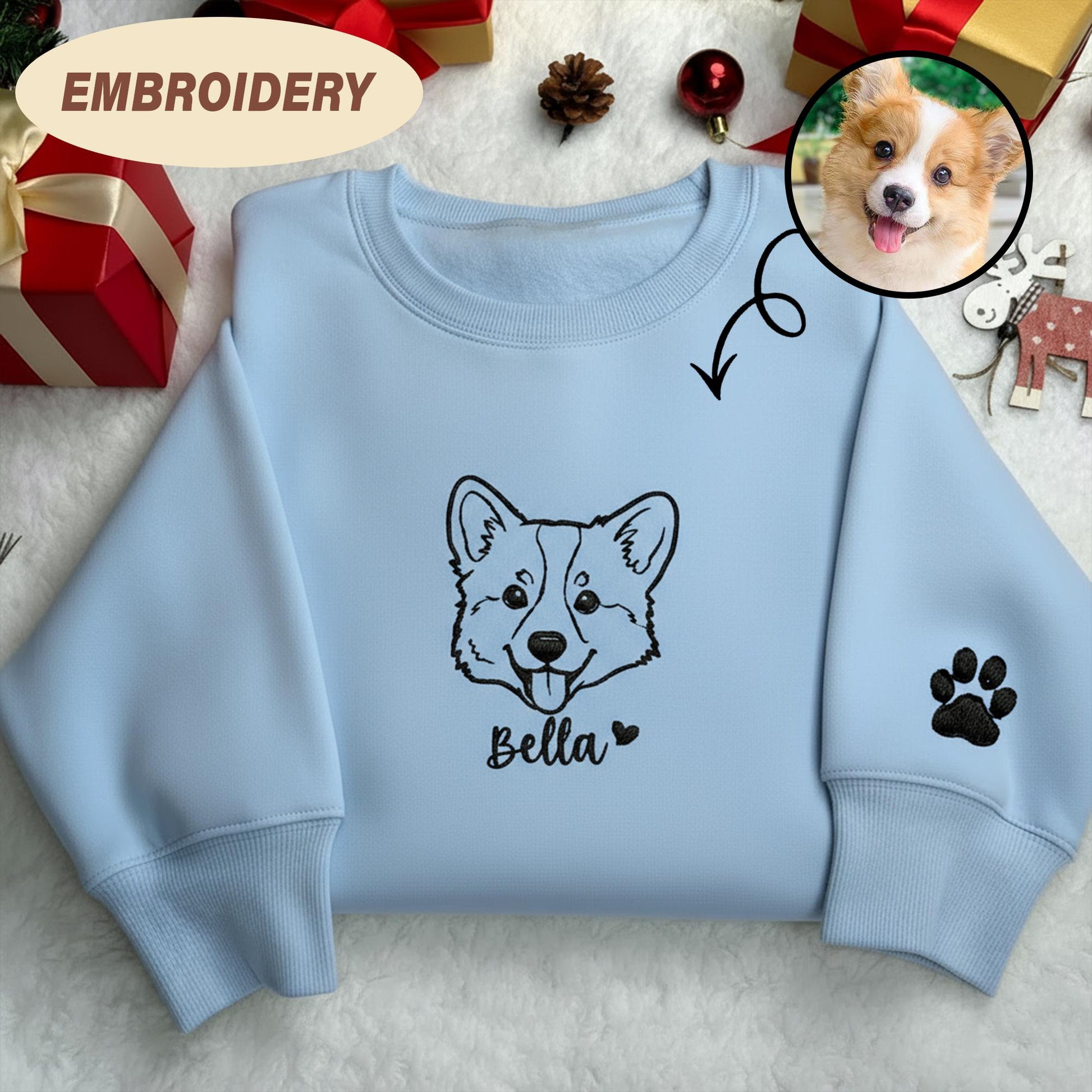 Custom Dog Portrait Embroidered Sweatshirt, Personalized Dog Sweatshirt with Name, Pet Lover Gift, Custom Pet Memorial Embroidery