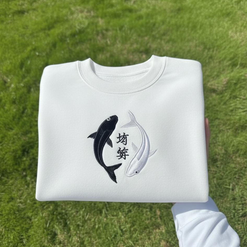 Embroidered Koi Fish Yin Yang Shirt, Ocean Moon Tee
