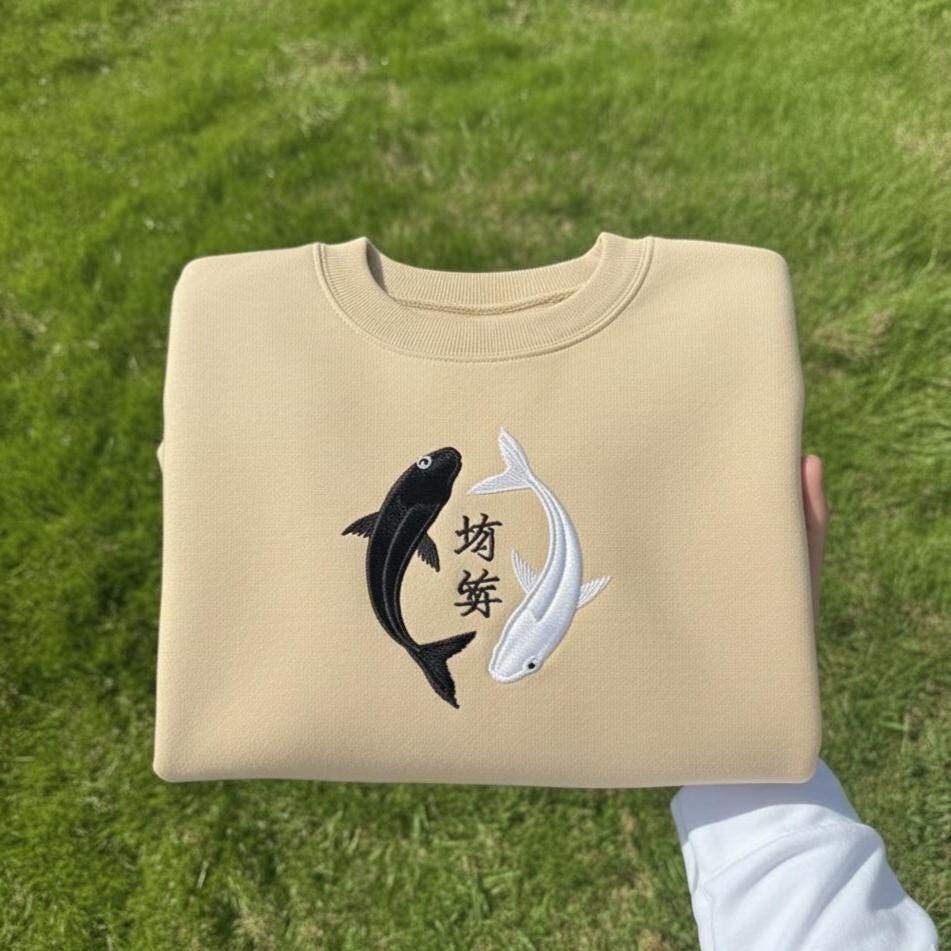 Embroidered Koi Fish Yin Yang Shirt, Ocean Moon Tee