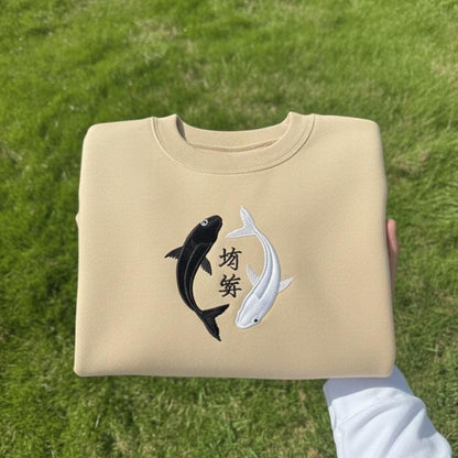Embroidered Koi Fish Yin Yang Shirt, Ocean Moon Tee