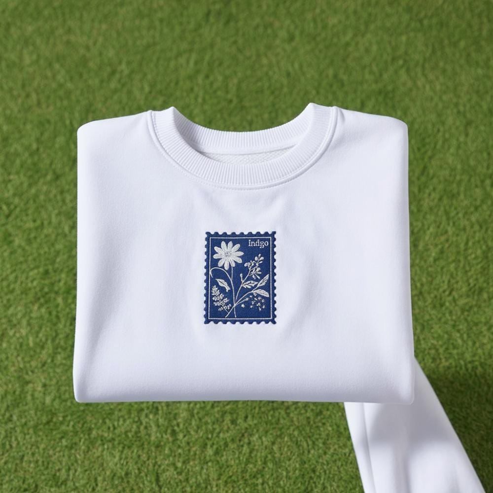Shirt Indigo Embroidered Shirt, Minimal Indigo Tee, Aesthetic Text Embroidery Gift