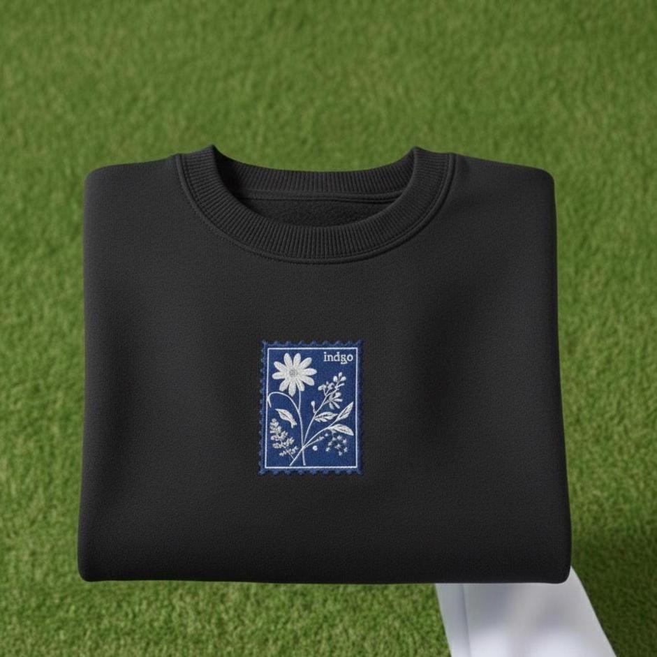 Shirt Indigo Embroidered Shirt, Minimal Indigo Tee, Aesthetic Text Embroidery Gift