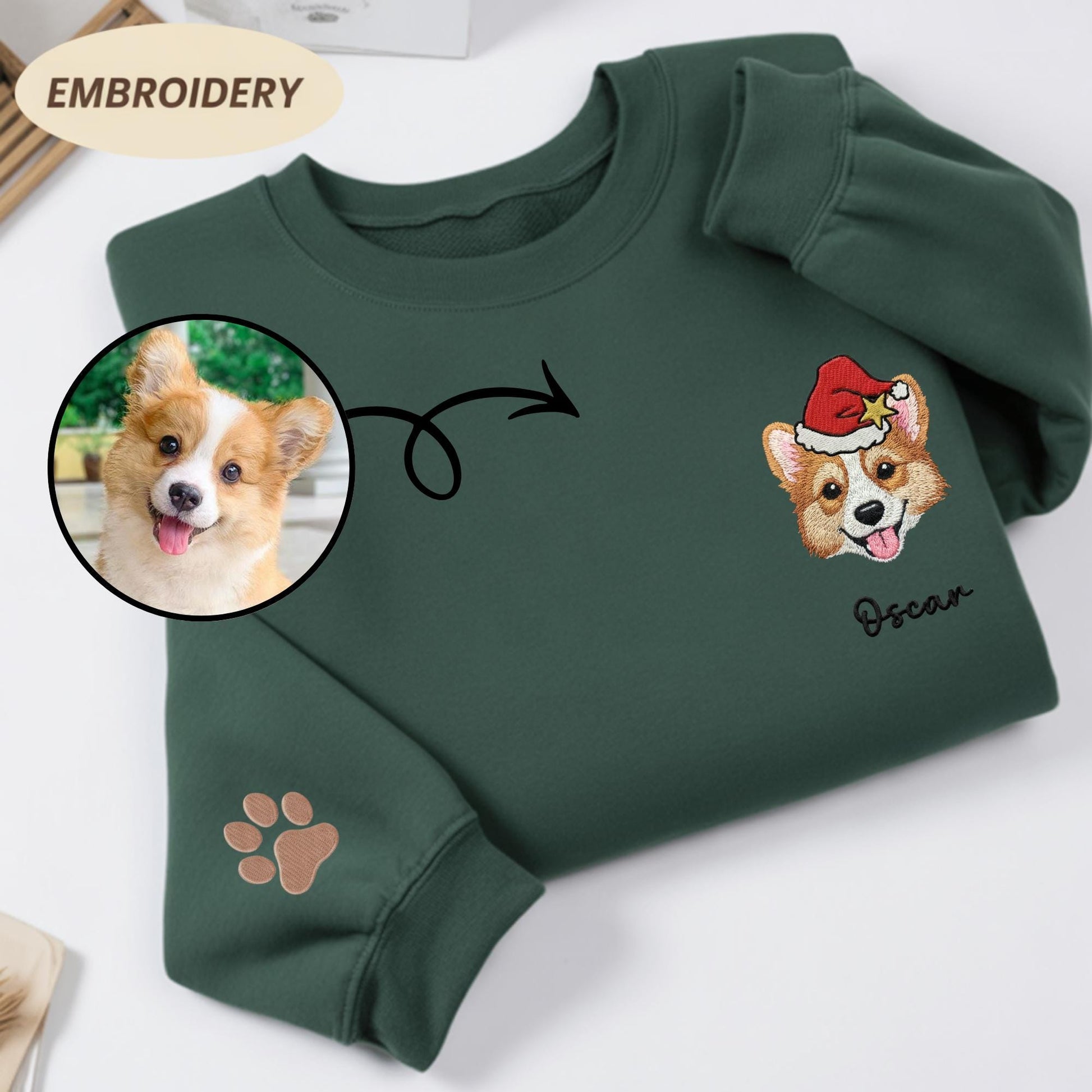 Custom Pet Portrait Embroidered Christmas Sweatshirt, Personalized Dog Cat Holiday Sweater, Custom Embroidery Gift for Pet Lovers