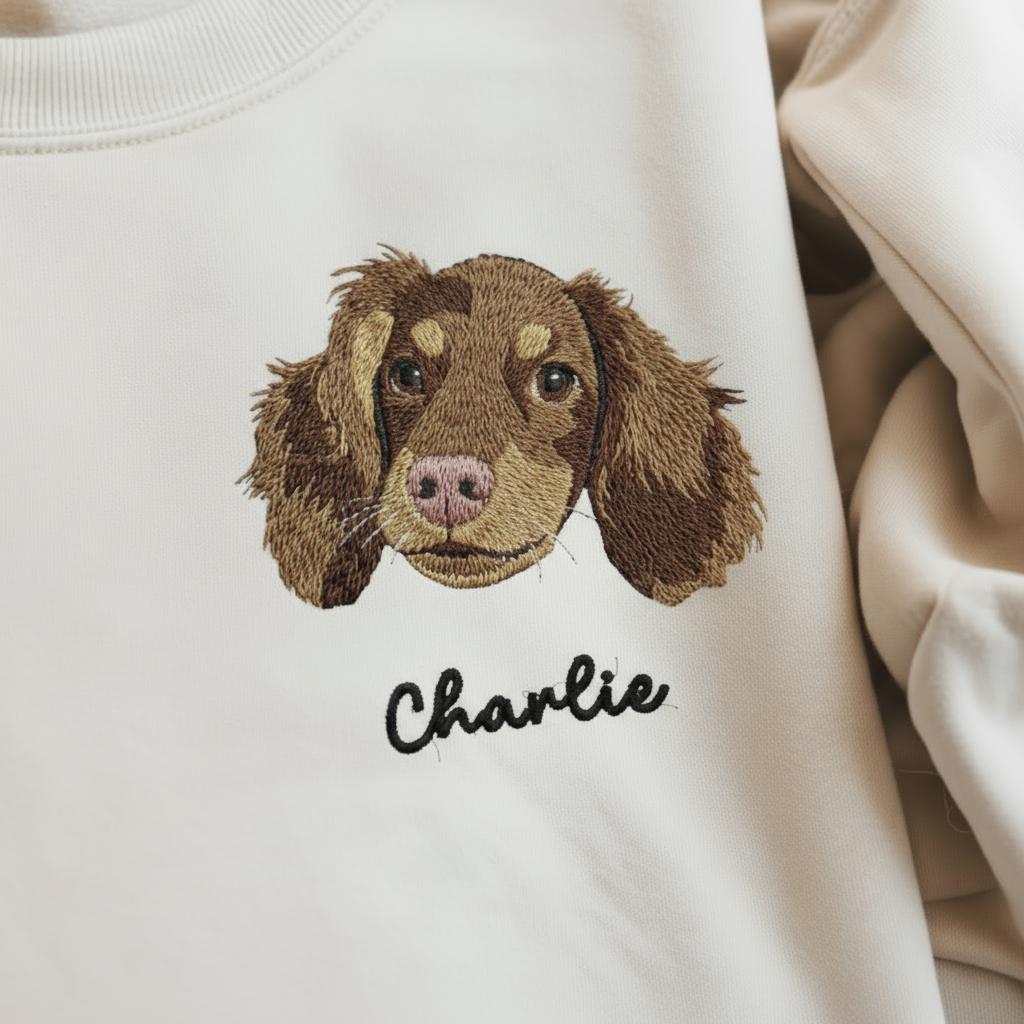 Custom Pet Portrait Sweatshirt, Embroidered Dog Face From Photo, Varsity Crewneck, Personalized Cat Mom Gift, Pet Memorial Shirt