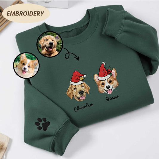 Custom Pet Portrait Embroidered Christmas Sweatshirt, Personalized Dog Cat Holiday Crewneck, Custom Pet Sweater, Unique Gift for Pet Lovers