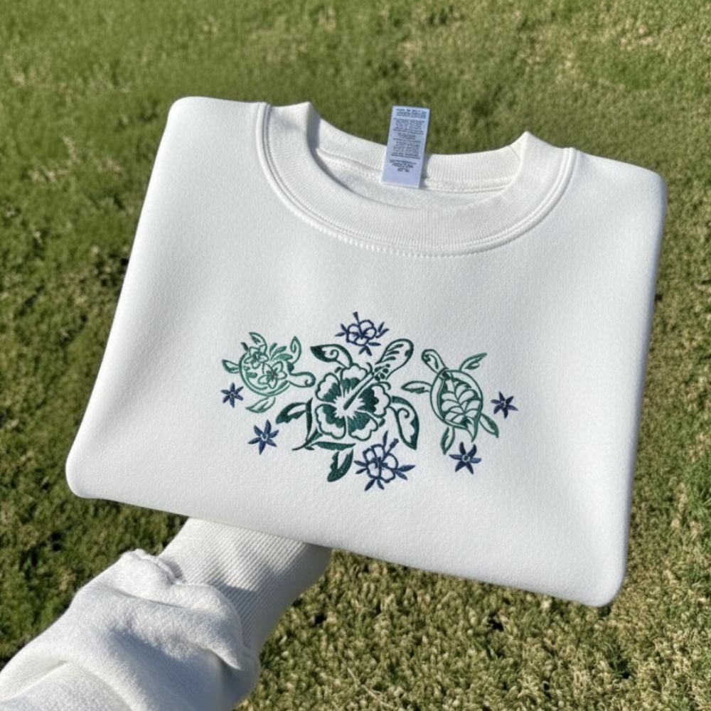 Tropical Turtles Embroidered Sweatshirt Sea Turtle Crewneck Beach Lover Coastal Gift