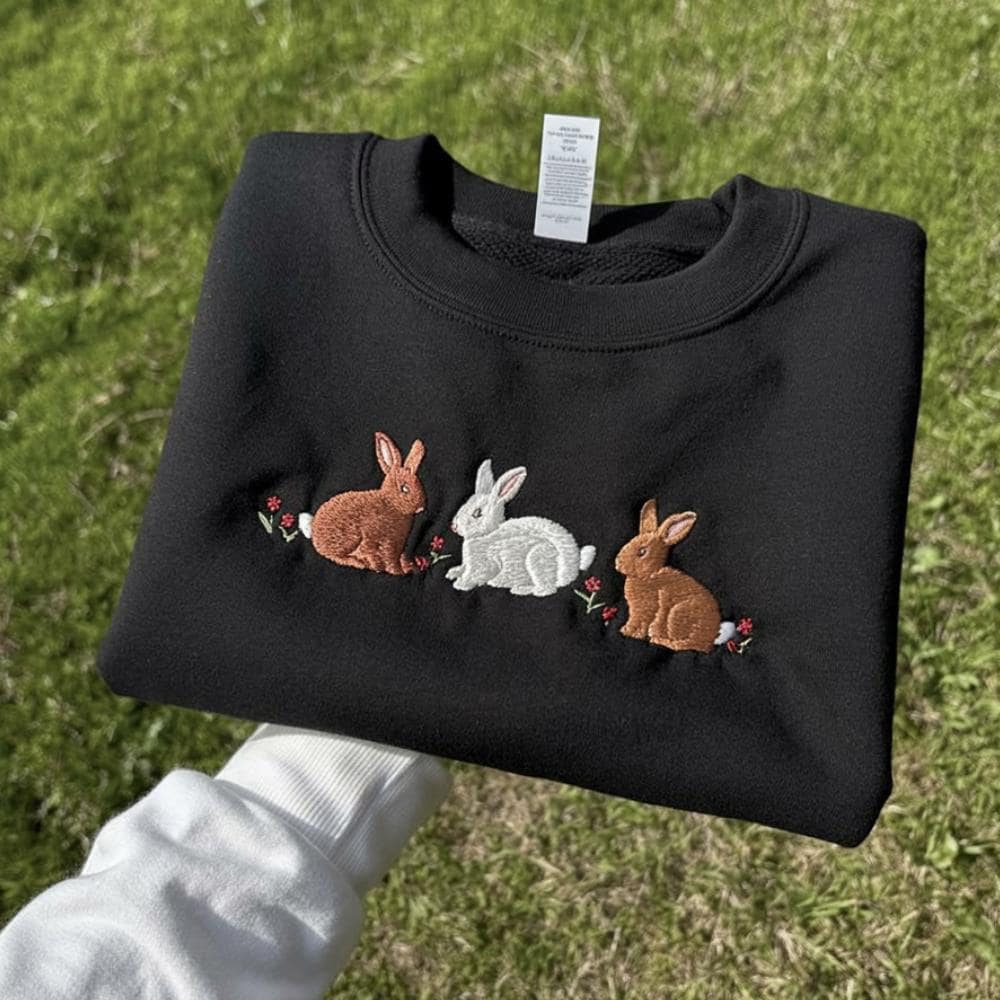 Embroidered Bunnies Sweatshirt - Cute Crewneck Gift