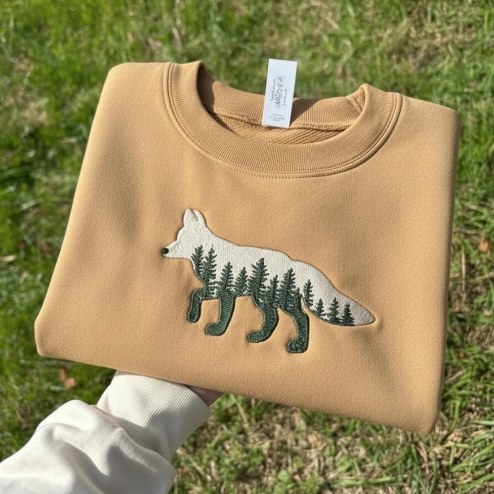 Forest Fox Embroidered Sweatshirt Woodland Animal Crewneck Cozy Nature Lover Gift