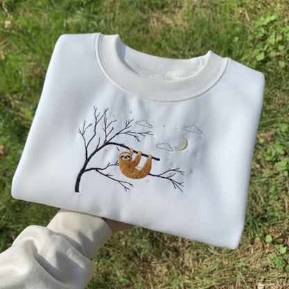 Sloth Embroidered Sweatshirt: Moon & Stars Crewneck