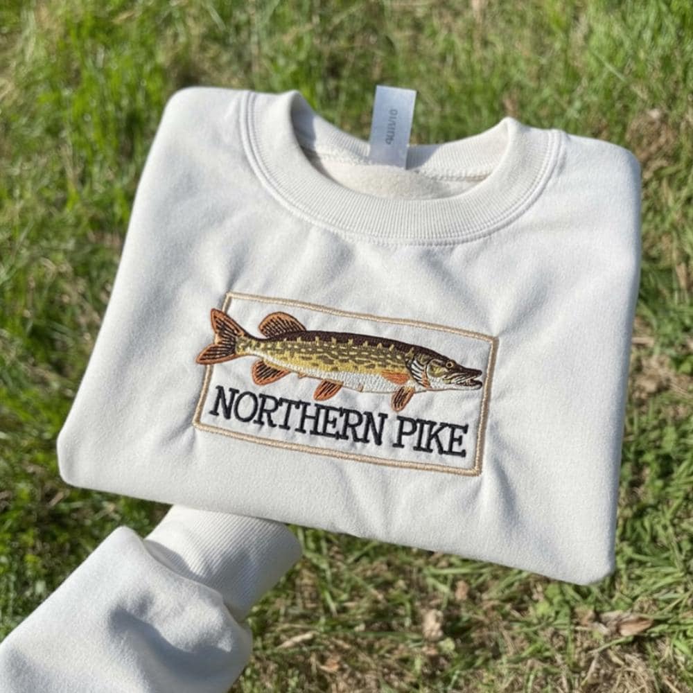 Northern Pike Embroidered Sweatshirt Fishing Crewneck Lake Fish Gift for Fishermen