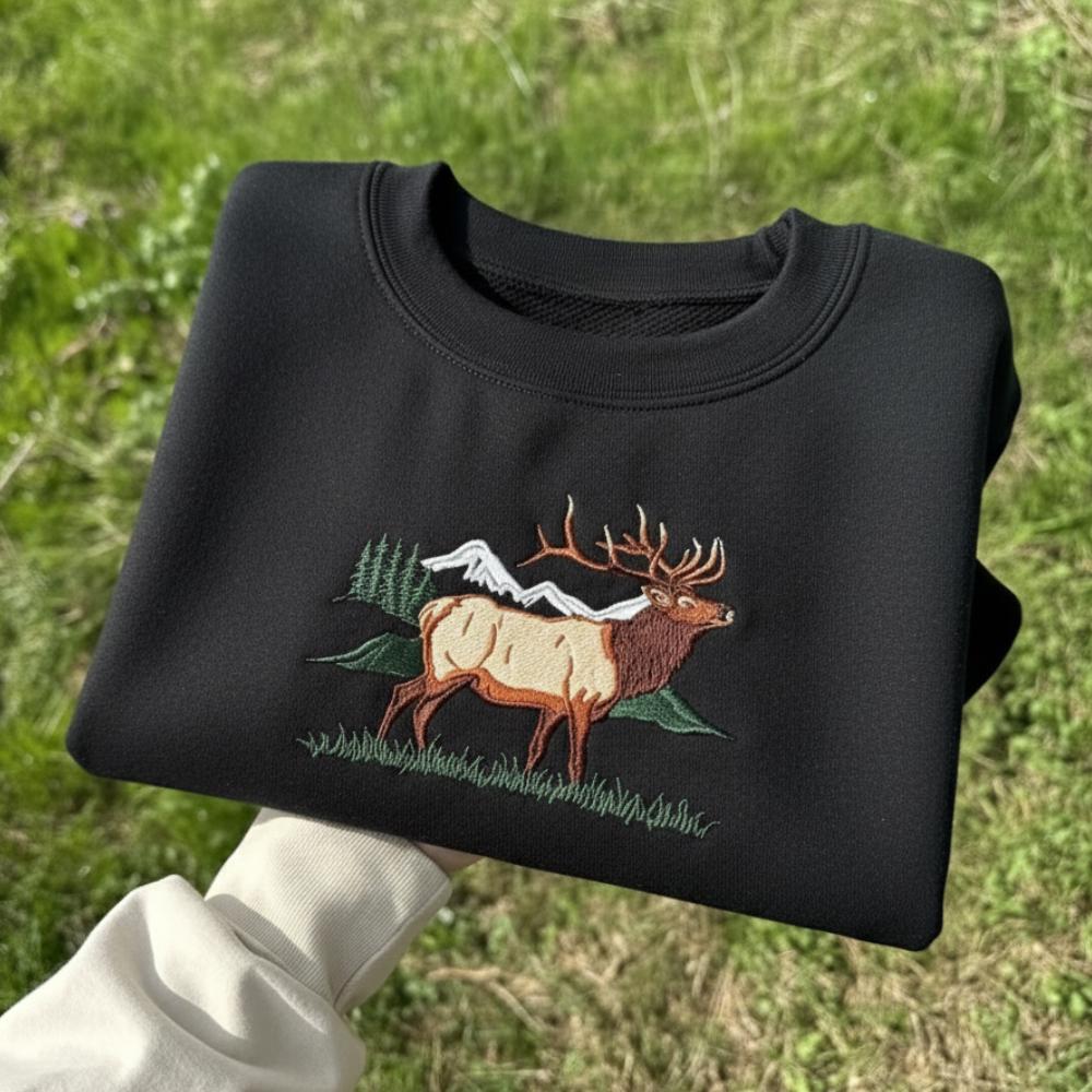 Sunrise Elk Embroidered Sweatshirt Mountain Wildlife Crewneck Outdoor Nature Lover Gift