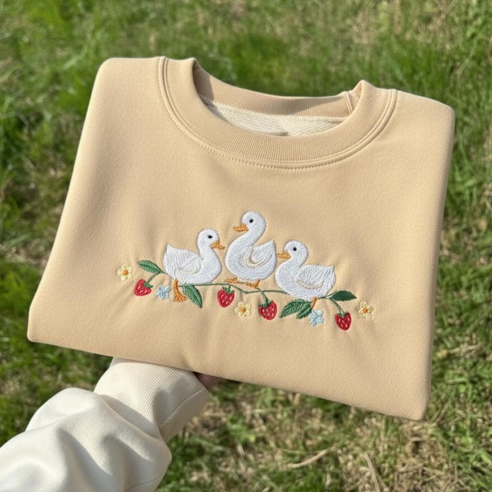 Embroidered Strawberry Duck Sweatshirt: Kawaii Animal Crewneck