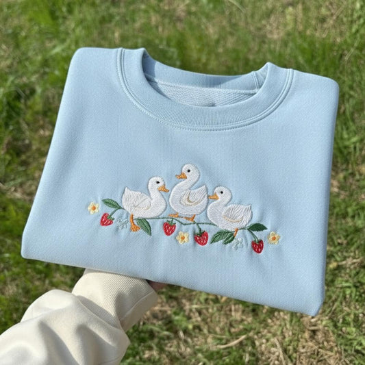 Embroidered Strawberry Duck Sweatshirt: Kawaii Animal Crewneck