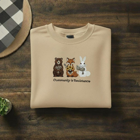 Community Is Resistance Embroidered Sweatshirt Bear Fox Bunny Crewneck Cottagecore Animal Lover Gift