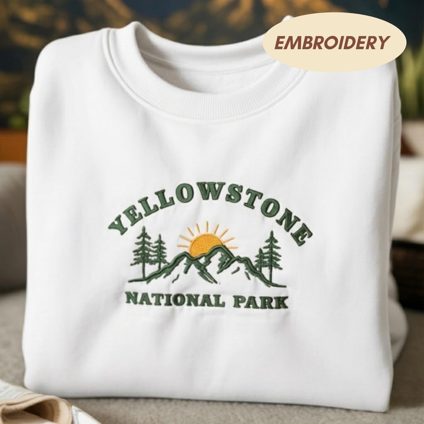 Yellowstone National Park Embroidered Sweatshirt, Vintage Mountain Crewneck, Western Outdoor Adventure Sweater, Nature Travel Gift for Her