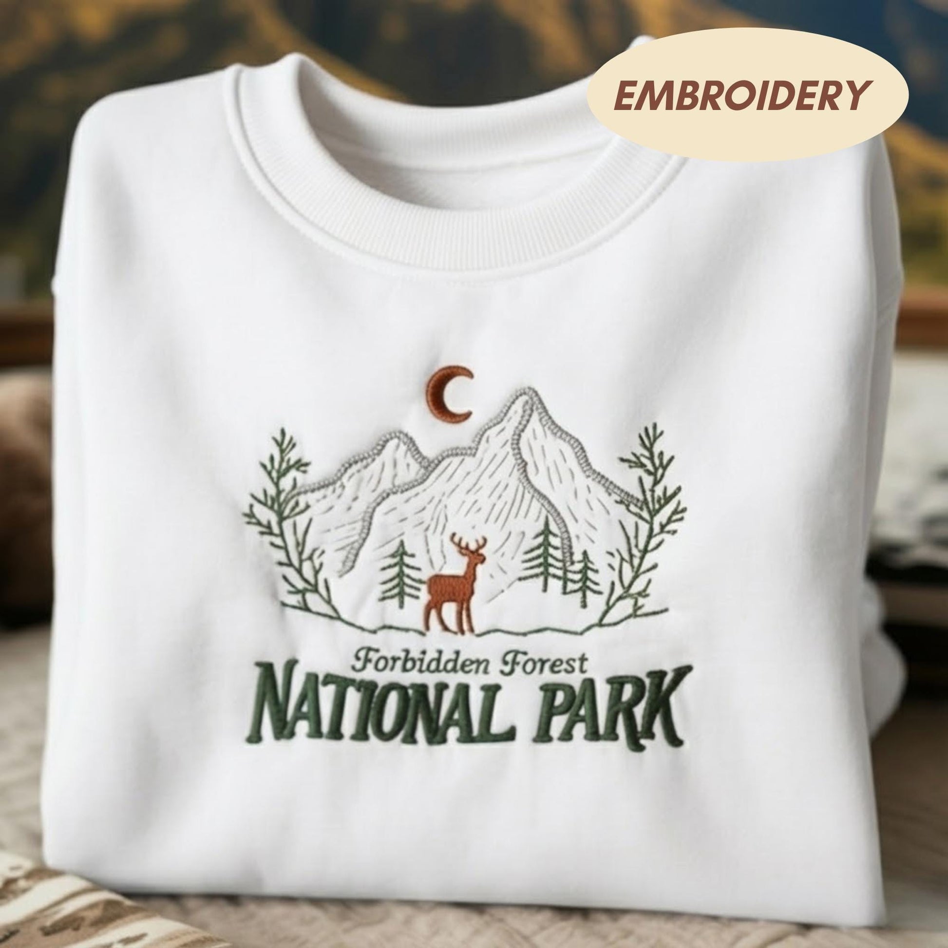 Embroidered Forbidden Forest National Park Sweatshirt, Magic Wizard Crewneck, Bookish Hiking Shirt, Stag Deer Top, Fantasy Gift