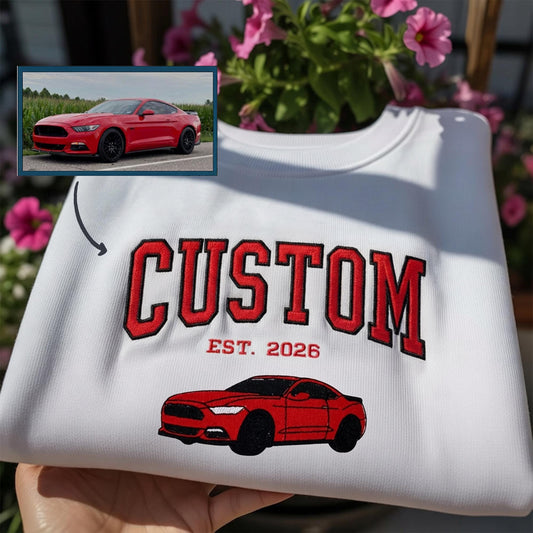Custom Car Photo Embroidered Hoodie: Varsity Style, Personalized Gift