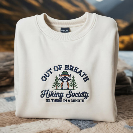 Embroidered Raccoon Hiking Society Sweatshirt, Funny Crewneck