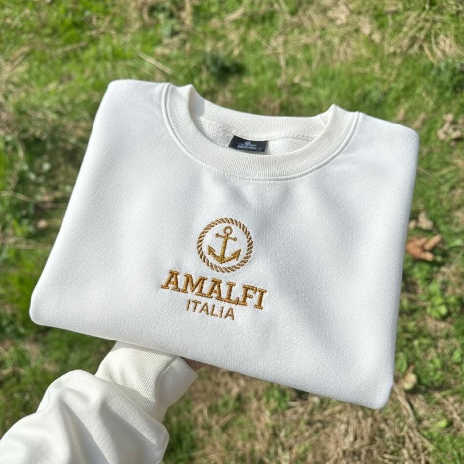 Amalfi Italia Embroidered Sweatshirt, Italy Lover Gift, Amalfi Coast Travel Crewneck, Italian Souvenir Sweater