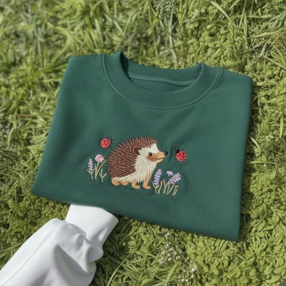 Embroidered Hedgehog Sweatshirt, Flowers Ladybugs, Woodland Animal Gift