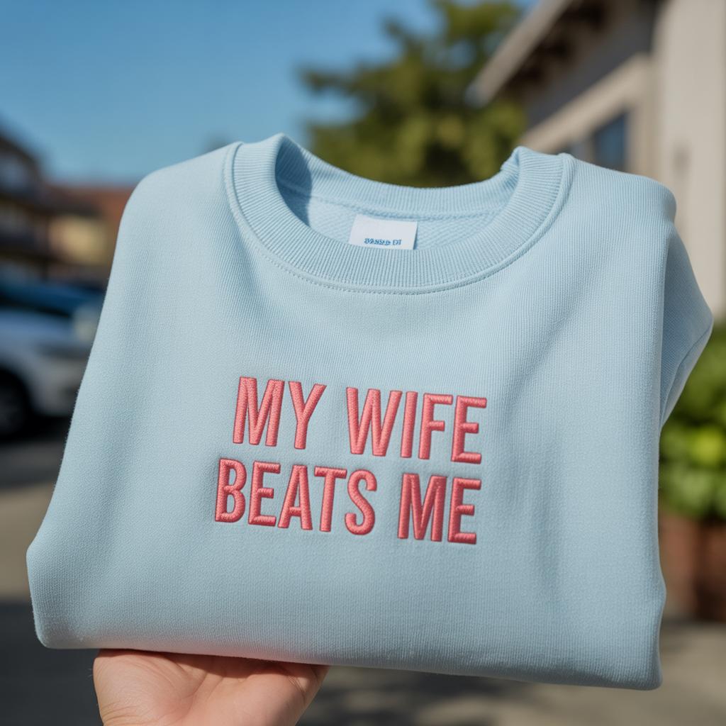 Embroidered 'My Wife Beats Me' Sweatshirt, Funny Husband Gag Gift