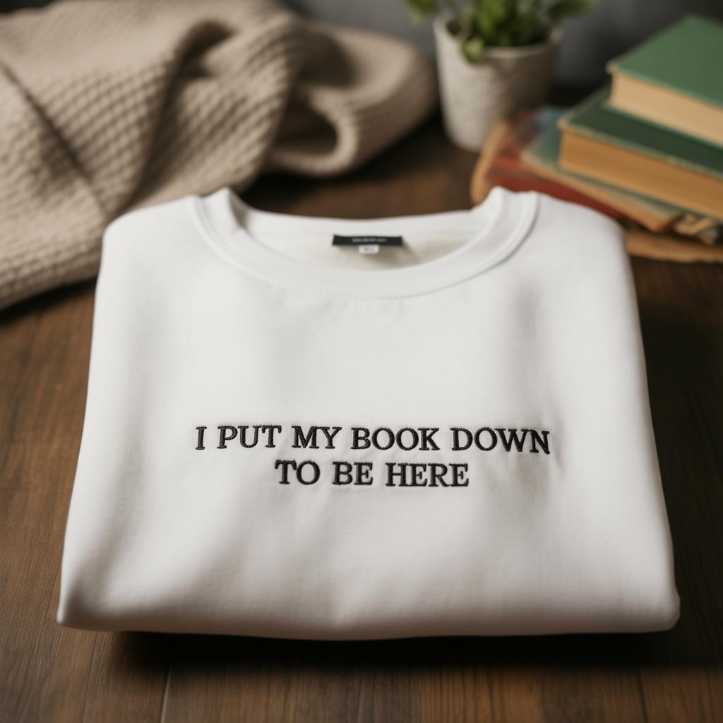 I Put My Book Down To Be Here Embroidered Crewneck, Bookish Merch, Bookworm, Gift for Book Lover, Custom Crewneck, Funny Embroidery