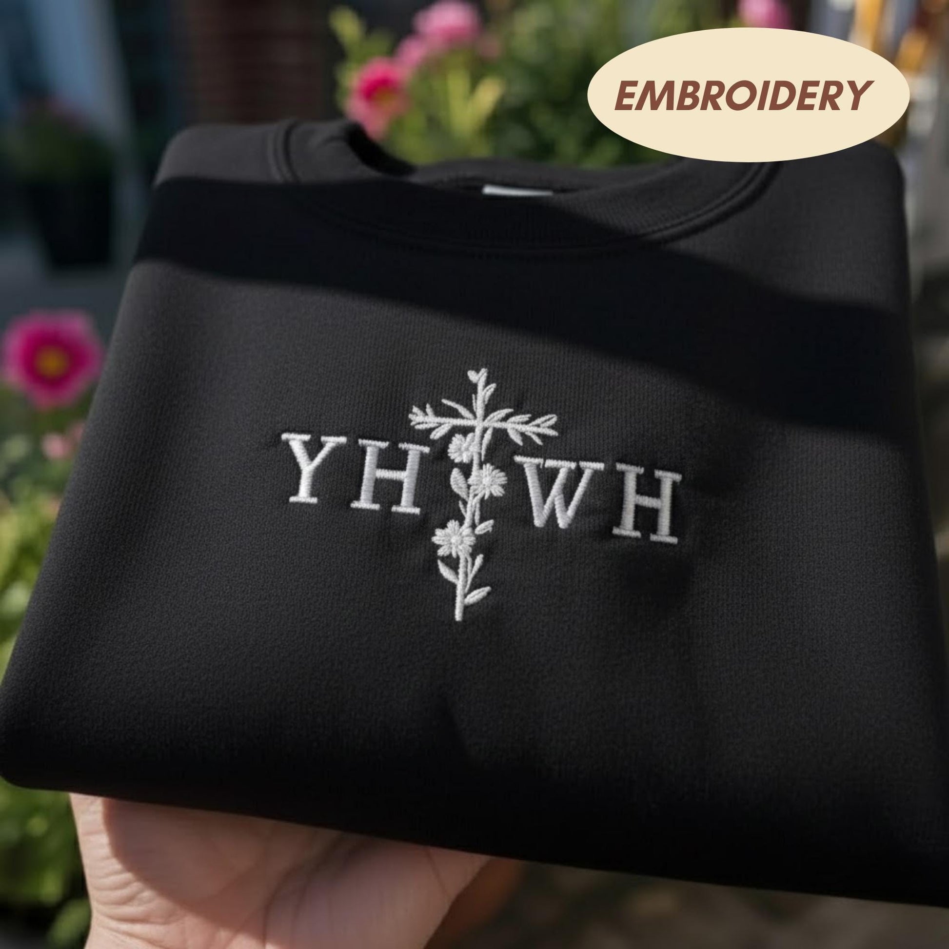 YHWH Embroidered Sweatshirt, Floral Cross Christian Shirt, Hebrew Name Crewneck, Religious Faith Based Gift
