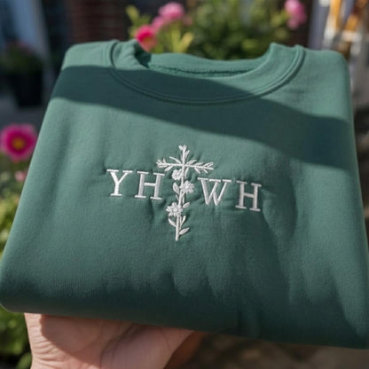 YHWH Embroidered Sweatshirt, Floral Cross Christian Shirt, Hebrew Name Crewneck, Religious Faith Based Gift